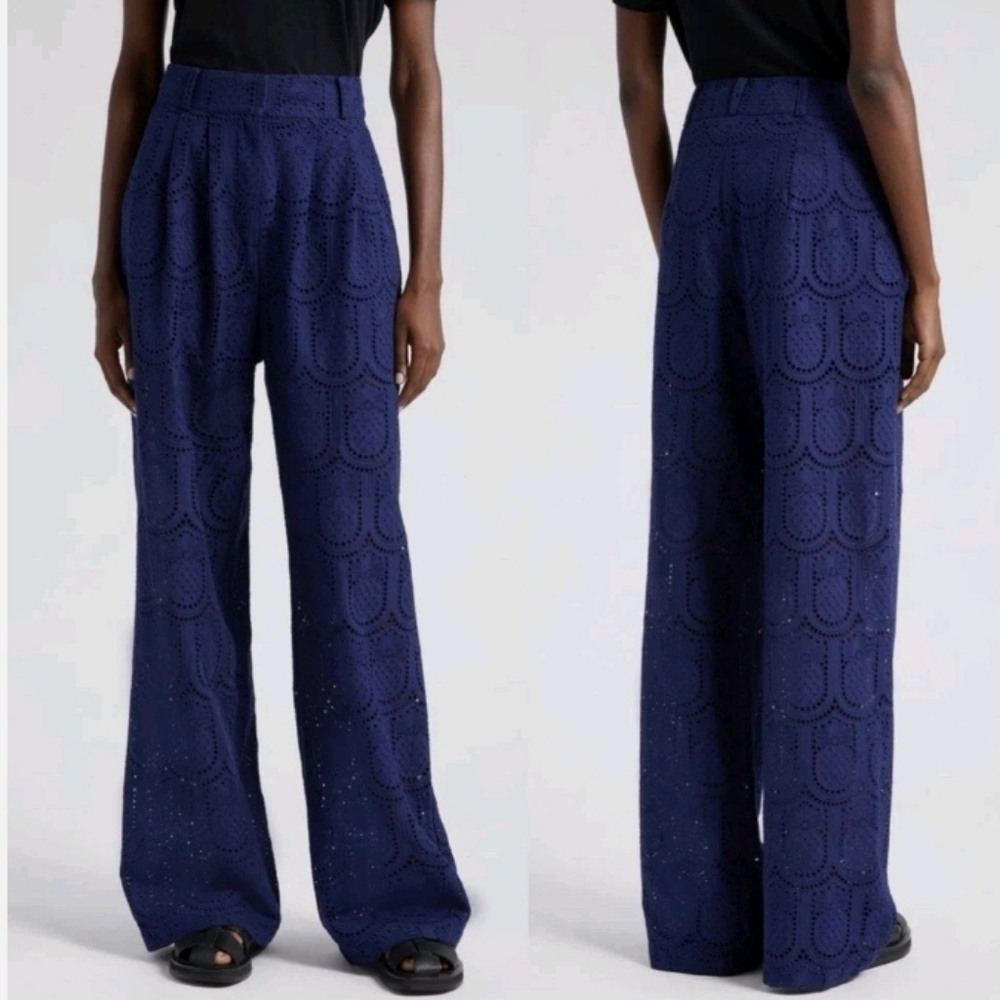 Farm Rio Pineapple Eyelet Wide Leg Pants Navy Lined Women XS Vacation Resortwear - Picture 2 of 14